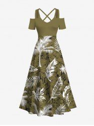 Robe longue trapèze grande taille à imprimé tropical feuille de cocotier et fleurs hawaïennes, épaules dénudées et croisée - Vert profond XXS