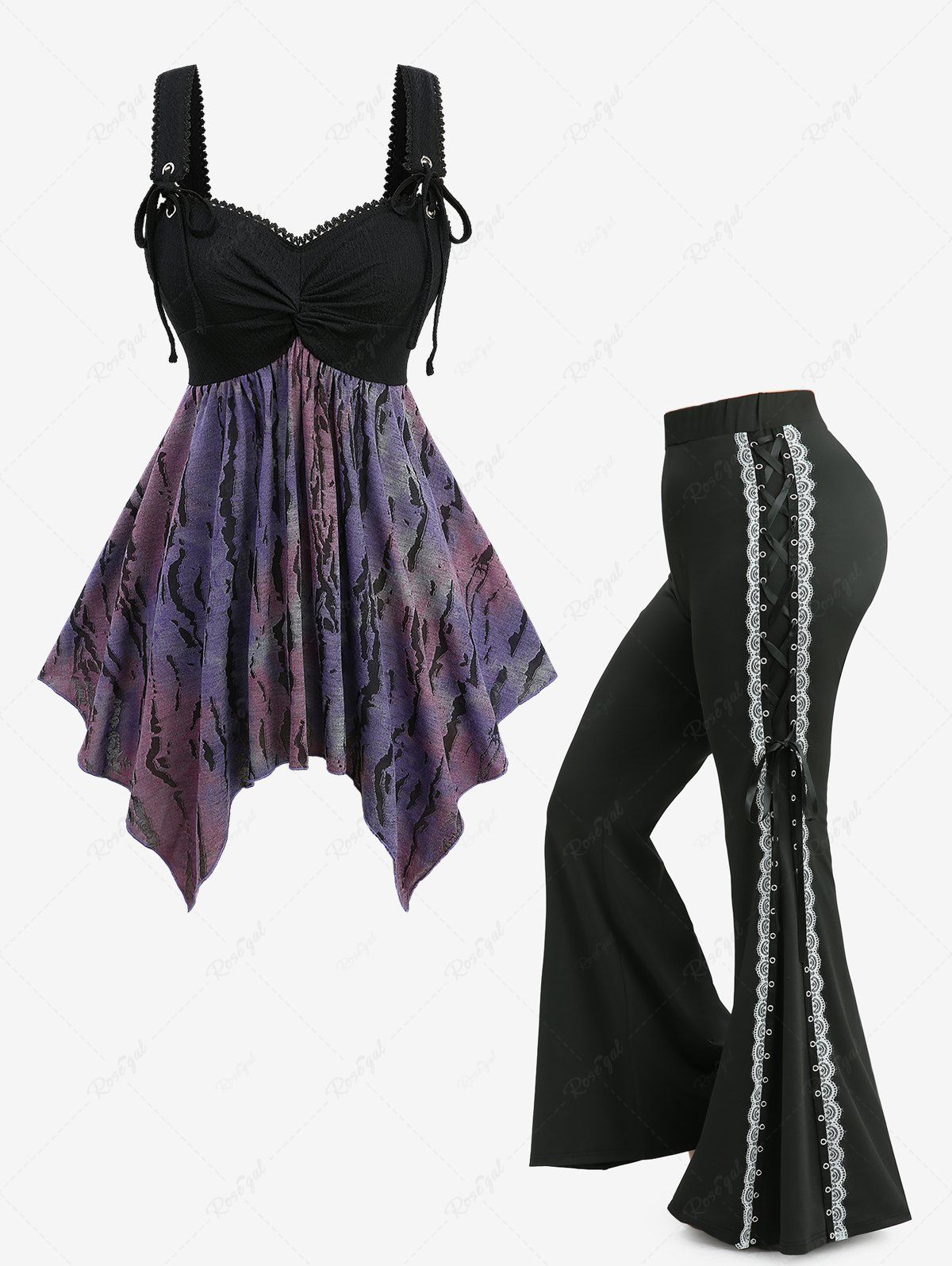 Fashion Jacquard Tie Dye Ombre Ruched Textured Handkerchief Top and Lace Up Two Tone Flare Pants Plus Size Outfit  