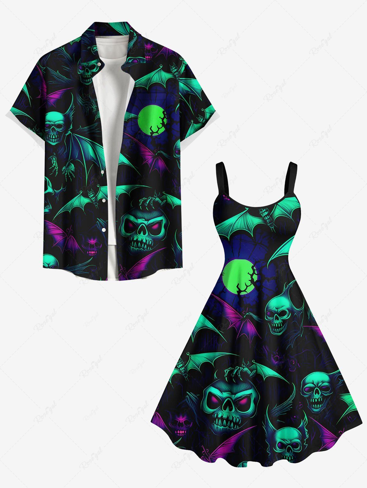 Affordable Halloween Skull Bat Moon Print Plus Size Matching Outfit For Couples  