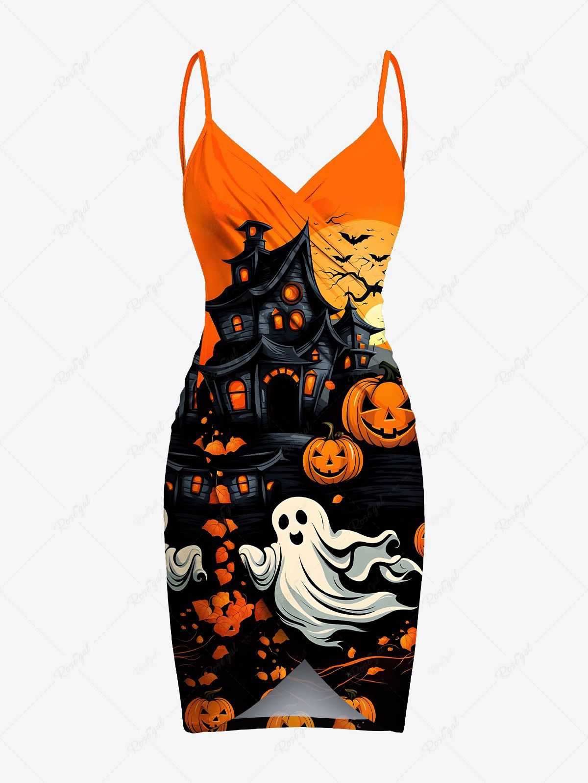 New Plus Size Pumpkin Ghost Bat Tree Castle Print Halloween Convertible Beach Cover Up  