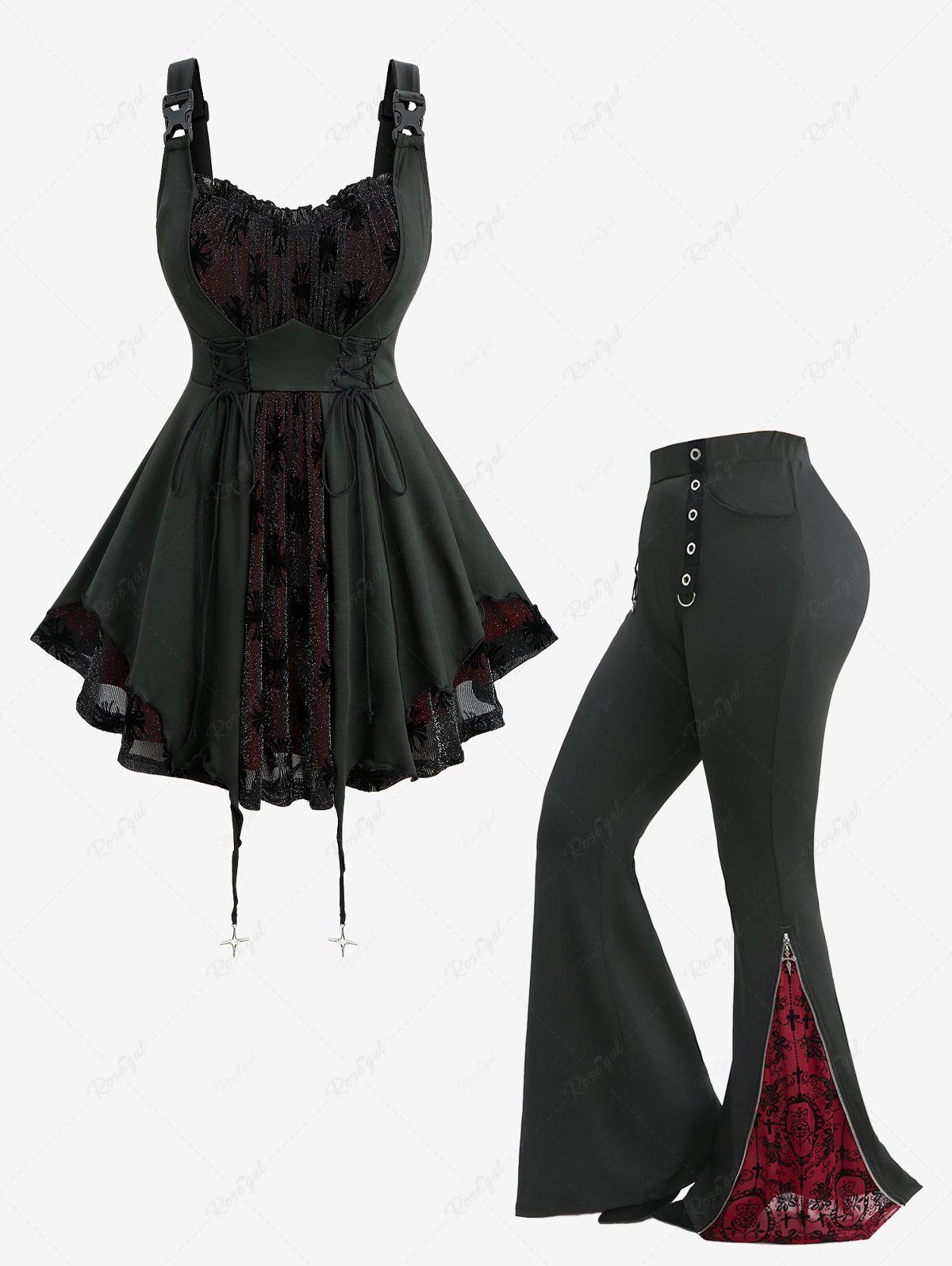 Shops Gothic Silver Flocking Mesh Lace Up Tank Top and Floral Cross Pocket Flare Pants Plus Size Outfit  