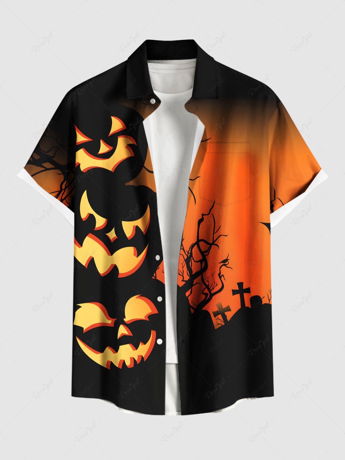 Fancy Plus Size Halloween Pumpkin Cross Tree Colorblock Print Buttons Pocket Shirt For Men  