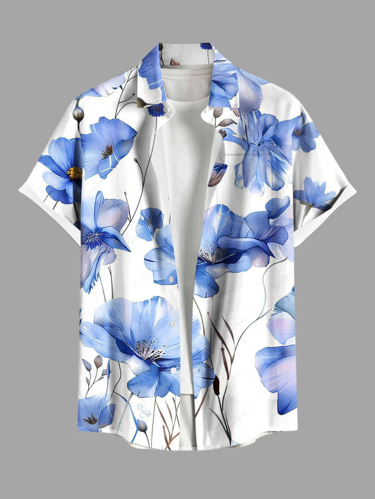 Hot Plus Size Flowers Print Buttons Pocket Hawaii Shirt For Men  