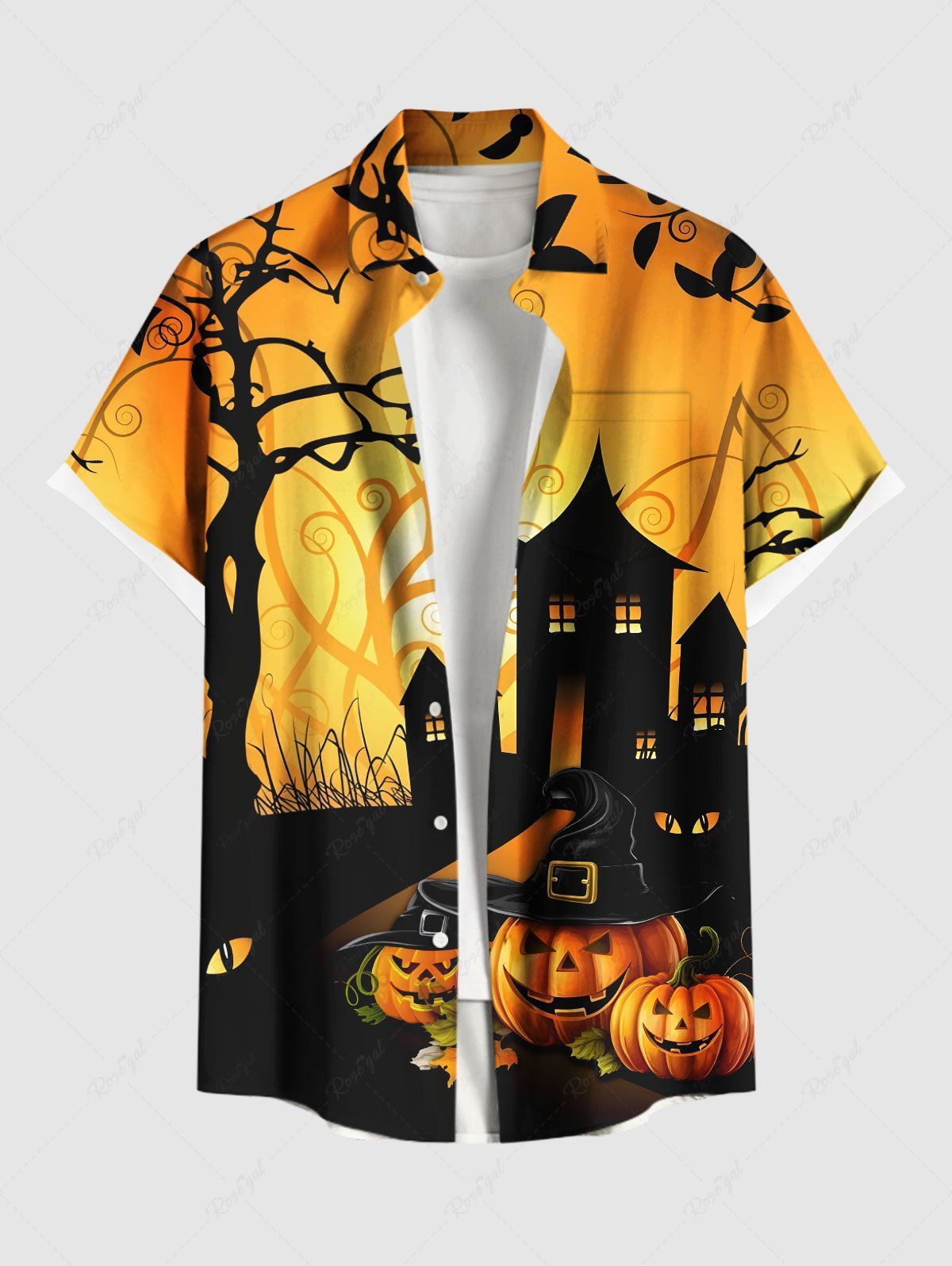 Chemise grande taille à boutons et poches pour homme, motif château et citrouille d'Halloween Orange 4XL