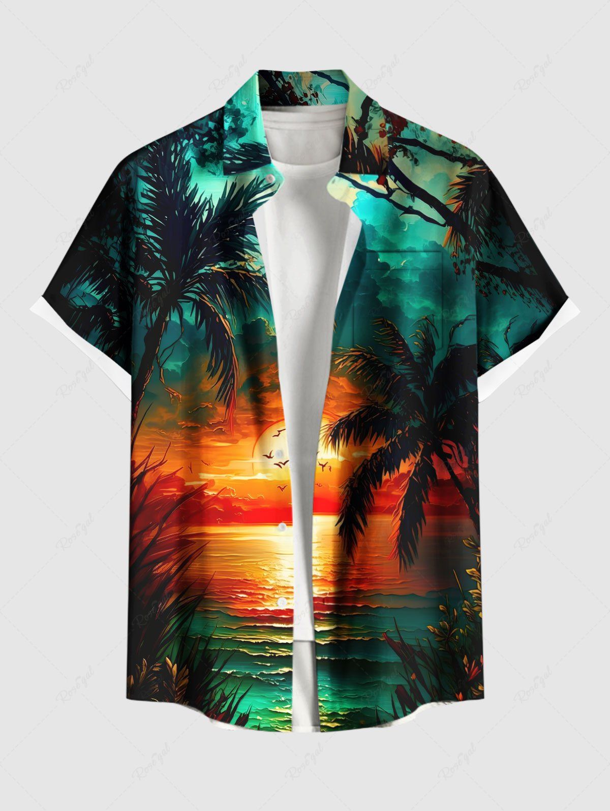 Trendy Plus Size Coconut Tree Cloud Sun Seascape Print Buttons Pocket Hawaii Shirt For Men  