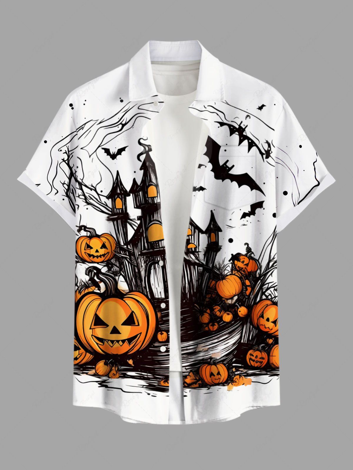 Chemise grande taille à boutons et poches pour homme, imprimé château de chauve-souris et citrouille d'Halloween Blanc 4XL