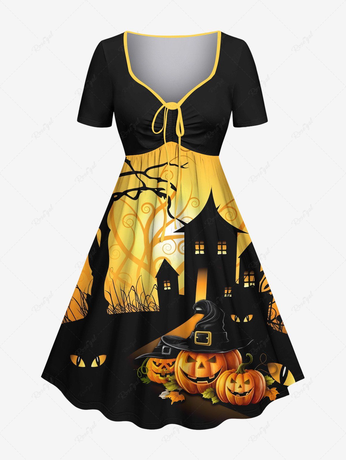 Robe cintrée grande taille à imprimé château et citrouilles pour Halloween Jaune L