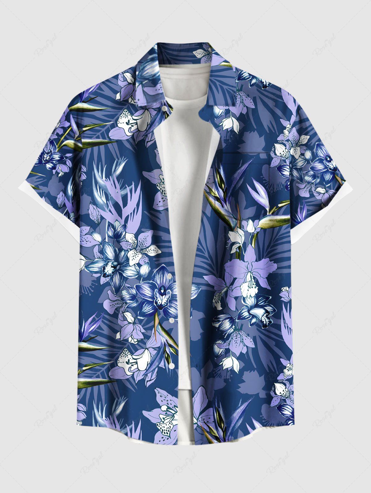 Affordable Plus Size Flowers Tropical Leaf Print Buttons Pocket Hawaii Shirt For Men  