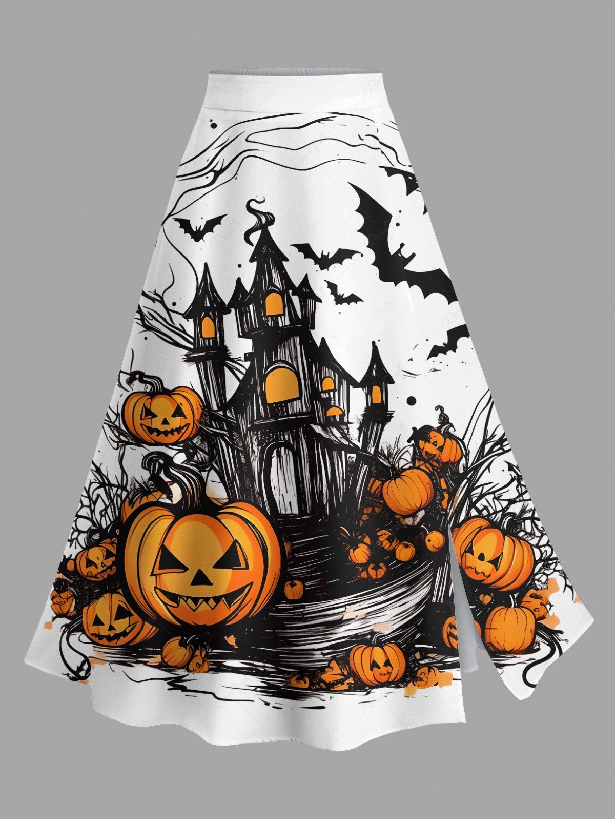 Online Plus Size Halloween Pumpkin Bat Castle Print Split Skirt  