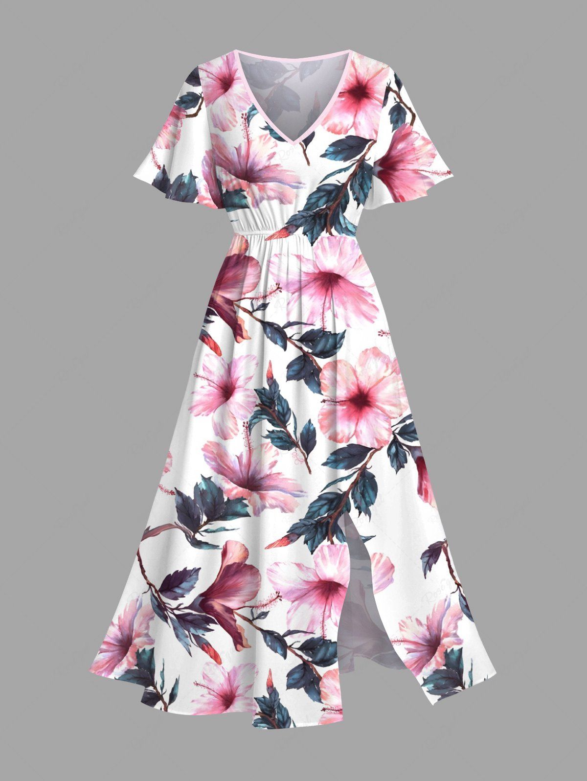 Store Plus Size Flowers Leaf Print Split Hawaii Midi Dress  