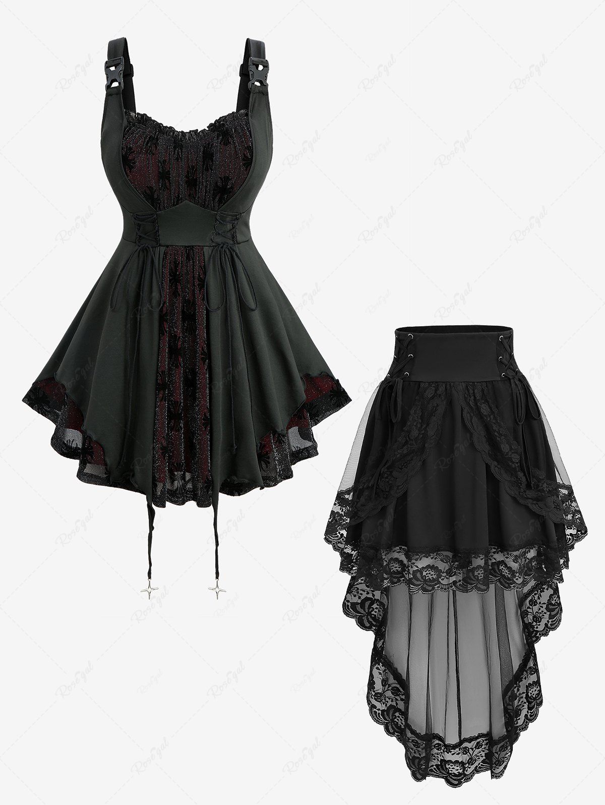 Tenue grande taille avec débardeur à lacets en maille floquée argentée gothique et jupe trapèze à ourlet péplum à superposition florale Noir 