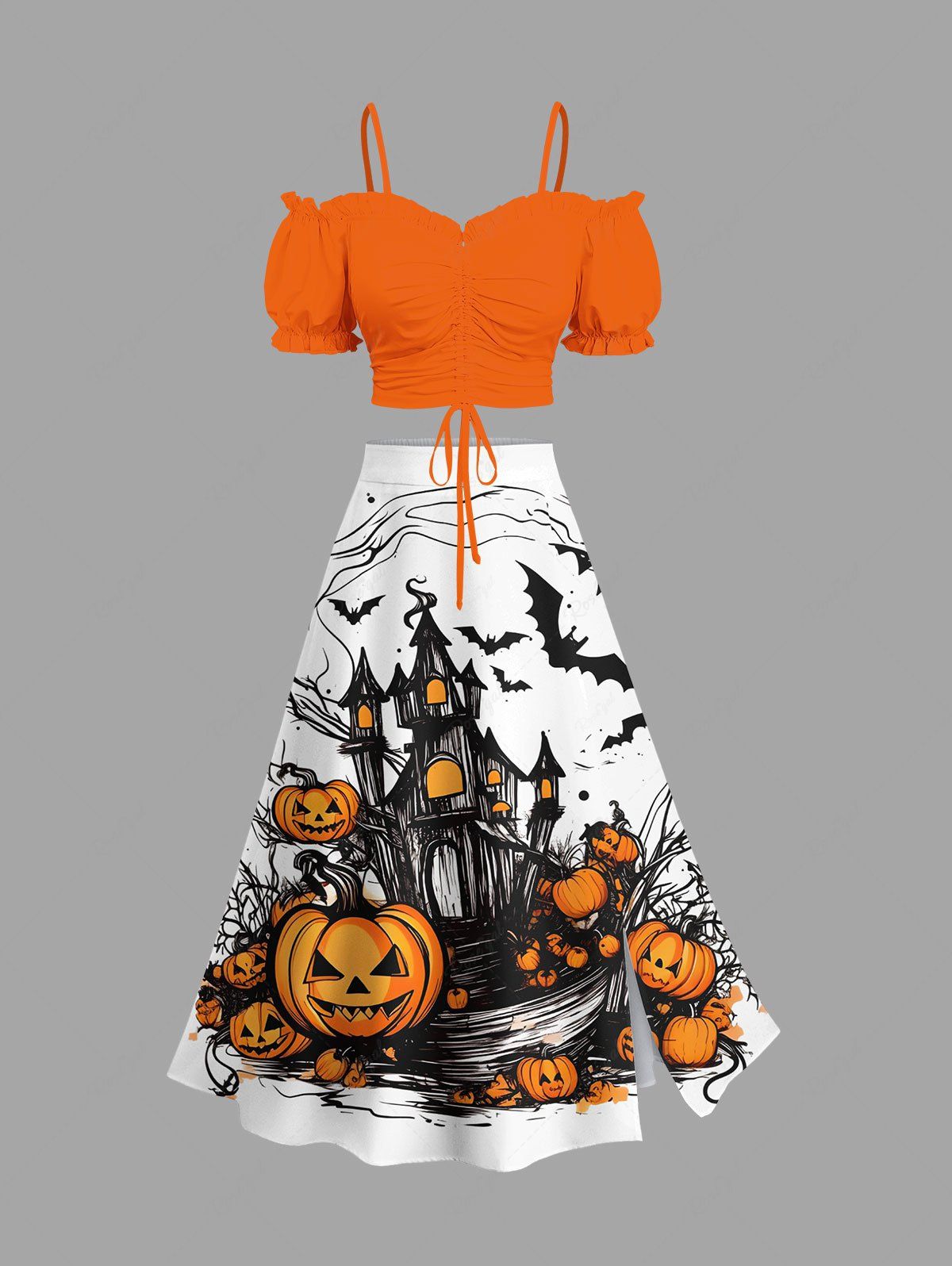 Discount Halloween Pumpkin Bat Castle Print Plus Size Matching Set  