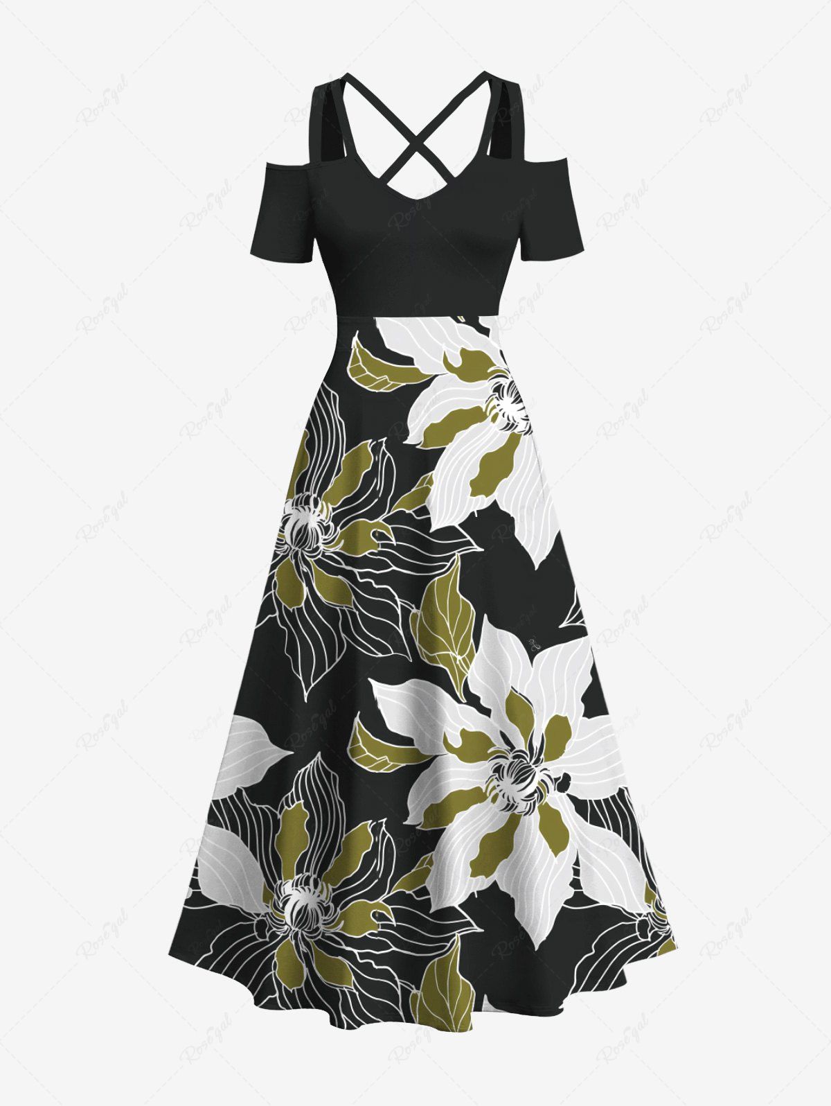 Robe longue hawaïenne bicolore à imprimé floral, grande taille, épaules dénudées, coupe trapèze croisée Noir 4X