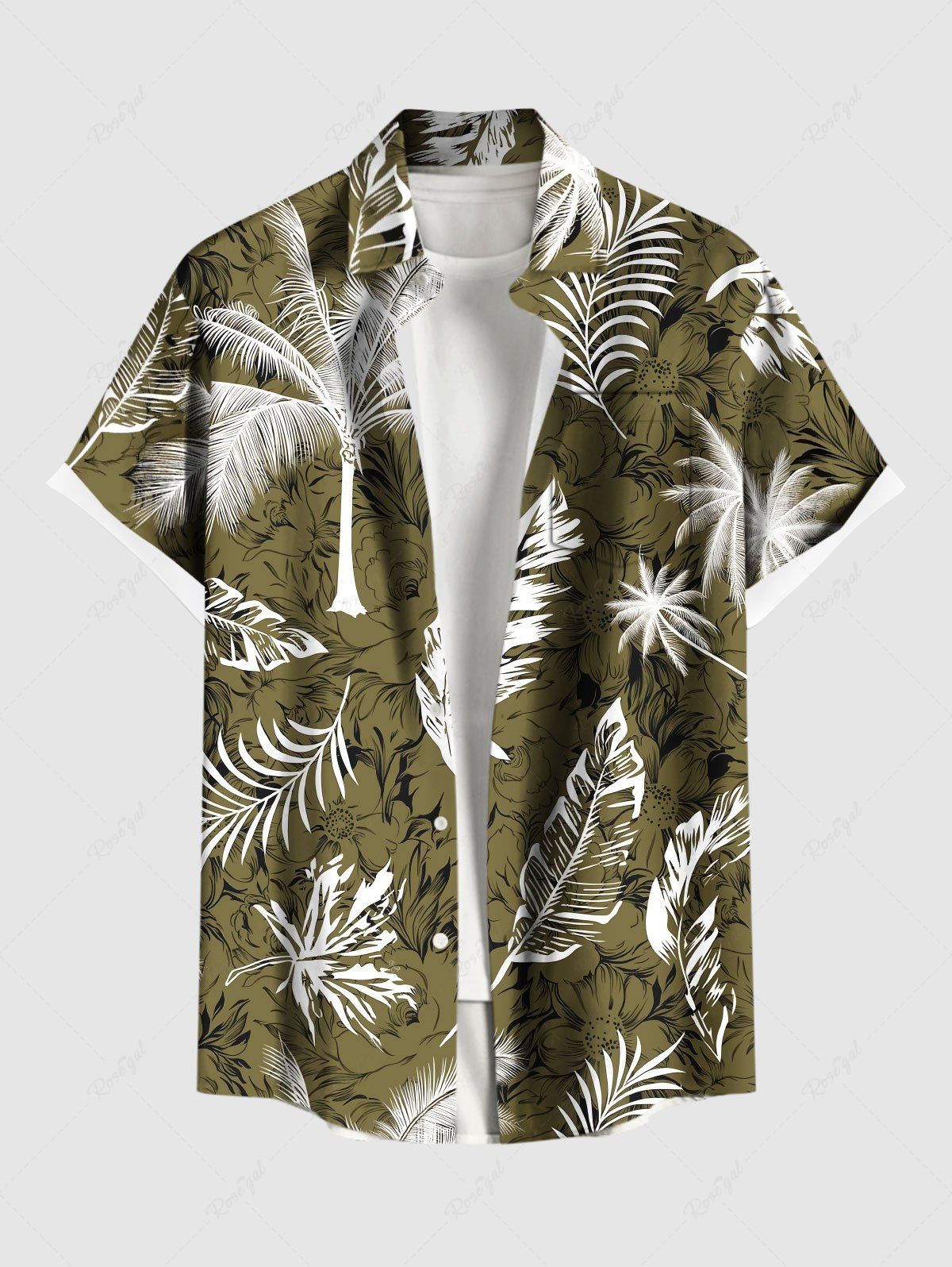 Store Plus Size Coconut Tree Tropical Leaf Flower Print Hawaii Button Pocket Shirt For Men  