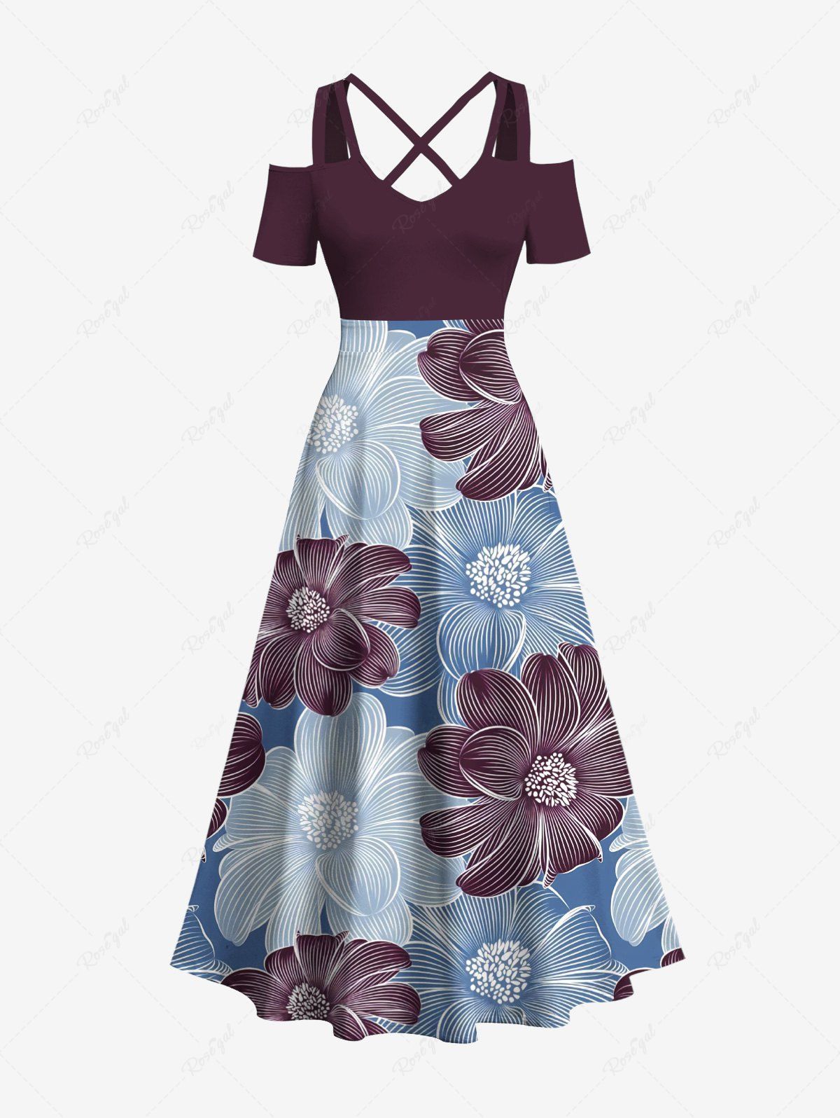 Outfits Plus Size Two Tone Line Flower Print Hawaii Cold Shoulder Crisscross A Line Maxi Dress  