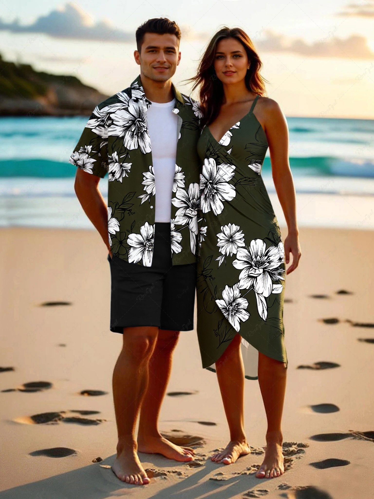 Best Flowers Leaf Print Plus Size Matching Hawaii Beach Outfit For Couples  