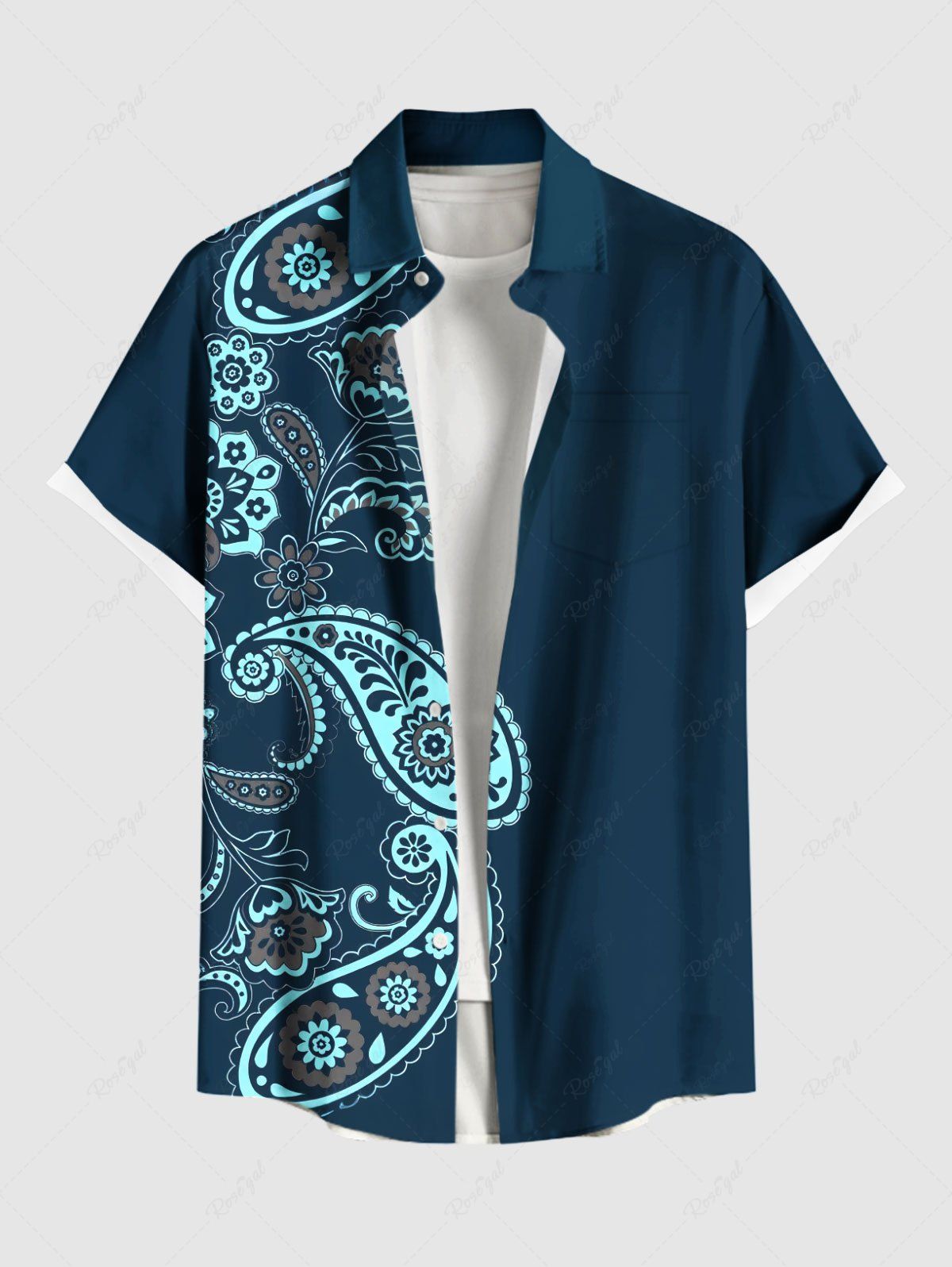 Chemise hawaïenne grande taille à imprimé cachemire fleuri et poches boutonnées pour homme Bleu profond M
