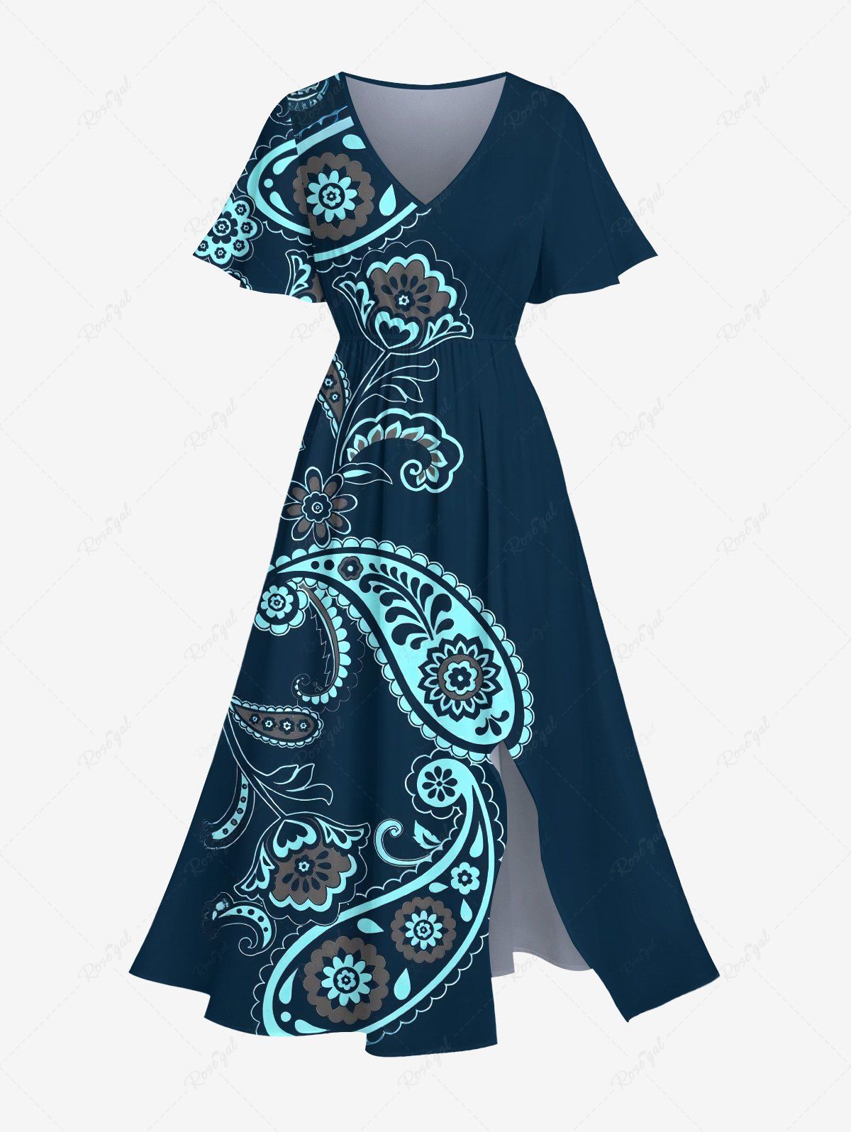 Robe mi-longue hawaïenne à imprimé cachemire et fleurs grande taille avec poches fendues Bleu profond XXS