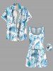 Ensemble chemise et barboteuse hawaïennes assorties, grande taille, tenue de plage, imprimé feuilles tropicales et hibiscus, pour couples - Blanc 