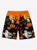 Plus Size Pumpkin Ghost Bat Tree Castle Print Halloween Drawstring Pocket Beach Shorts For Men -  