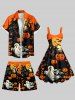 Plus Size Pumpkin Ghost Bat Tree Castle Print Halloween Drawstring Pocket Beach Shorts For Men -  