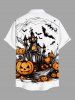 Plus Size Halloween Pumpkin Bat Castle Print Buttons Pocket Shirt For Men -  