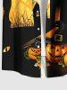 Plus Size Halloween Pumpkin Tree Castle Print Buttons Pocket Shirt For Men -  