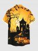 Plus Size Halloween Pumpkin Tree Castle Print Buttons Pocket Shirt For Men -  