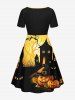 Robe cintrée grande taille à imprimé château et citrouilles pour Halloween - Jaune L