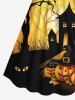 Robe cintrée grande taille à imprimé château et citrouilles pour Halloween - Jaune L