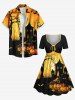 Robe cintrée grande taille à imprimé château et citrouilles pour Halloween - Jaune L
