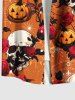 Plus Size Skull Rose Flower Leaf Pumpkin Print Halloween Button Pocket Shirt For Men -  