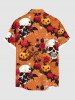 Plus Size Skull Rose Flower Leaf Pumpkin Print Halloween Button Pocket Shirt For Men -  