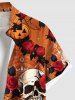 Plus Size Skull Rose Flower Leaf Pumpkin Print Halloween Button Pocket Shirt For Men -  