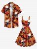 Robe trapèze grande taille à imprimé tête de mort, rose, fleur, feuille, citrouille, Halloween - Orange 1X
