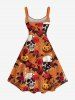 Plus Size Skull Rose Flower Leaf Pumpkin Print Halloween A Line Tank Dress -  