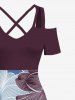Plus Size Two Tone Line Flower Print Hawaii Cold Shoulder Crisscross A Line Maxi Dress -  