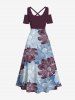 Plus Size Two Tone Line Flower Print Hawaii Cold Shoulder Crisscross A Line Maxi Dress -  