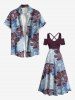 Plus Size Two Tone Line Flower Print Hawaii Cold Shoulder Crisscross A Line Maxi Dress -  