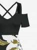 Plus Size Two Tone Flower Print Hawaii Cold Shoulder Crisscross A Line Maxi Dress -  