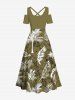 Robe longue trapèze grande taille à imprimé tropical feuille de cocotier et fleurs hawaïennes, épaules dénudées et croisée - Vert profond XXS