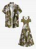 Robe longue trapèze grande taille à imprimé tropical feuille de cocotier et fleurs hawaïennes, épaules dénudées et croisée - Vert profond XXS