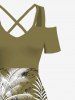 Plus Size Coconut Tree Tropical Leaf Flower Print Hawaii Cold Shoulder Crisscross A Line Maxi Dress -  