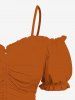 Plus Size Cold Shoulder Puff Sleeve Solid Cinched Top -  