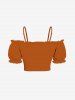 Plus Size Cold Shoulder Puff Sleeve Solid Cinched Top -  