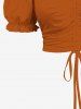 Plus Size Cold Shoulder Puff Sleeve Solid Cinched Top -  