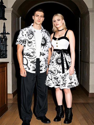 Halloween Sun Moon Cloud Flower Mushroom Skull Snake Print Plus Size Matching Outfit For Couples - WHITE