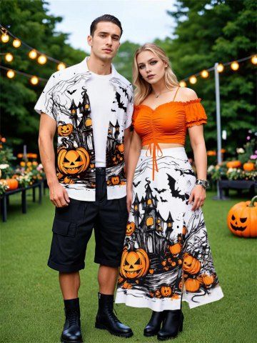 Halloween Pumpkin Bat Castle Print Plus Size Matching Outfit For Couples - ORANGE