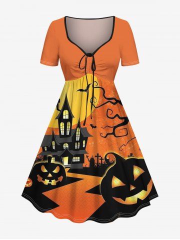 Plus Size Halloween Pumpkin Moon Bat Owl CrossTree Print Cinched Dress - ORANGE - XXS