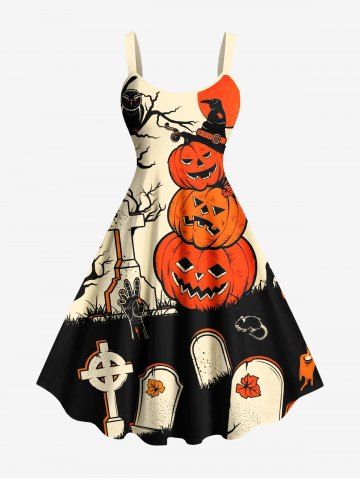 Plus Size Halloween Costume Pumpkin Cross Owl Tree Tombstone Print Tank Dress - ORANGE - XXS